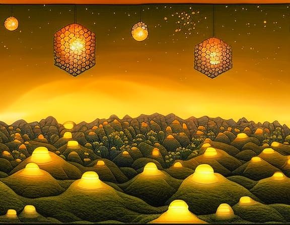 Surreal Honeycomb Landscape at Night in Art Nouveau Style