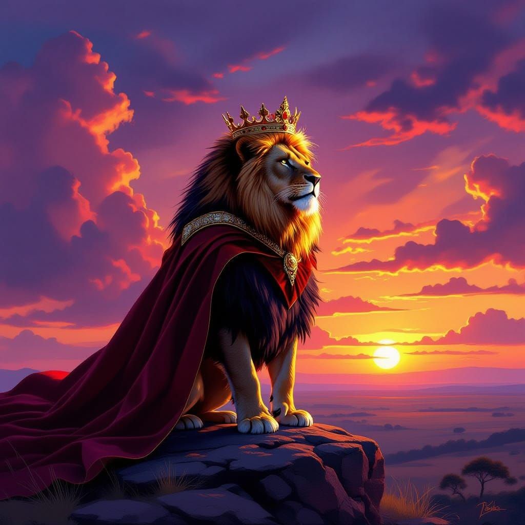 Majestic Lion King on Rocky Outcrop at Sunset