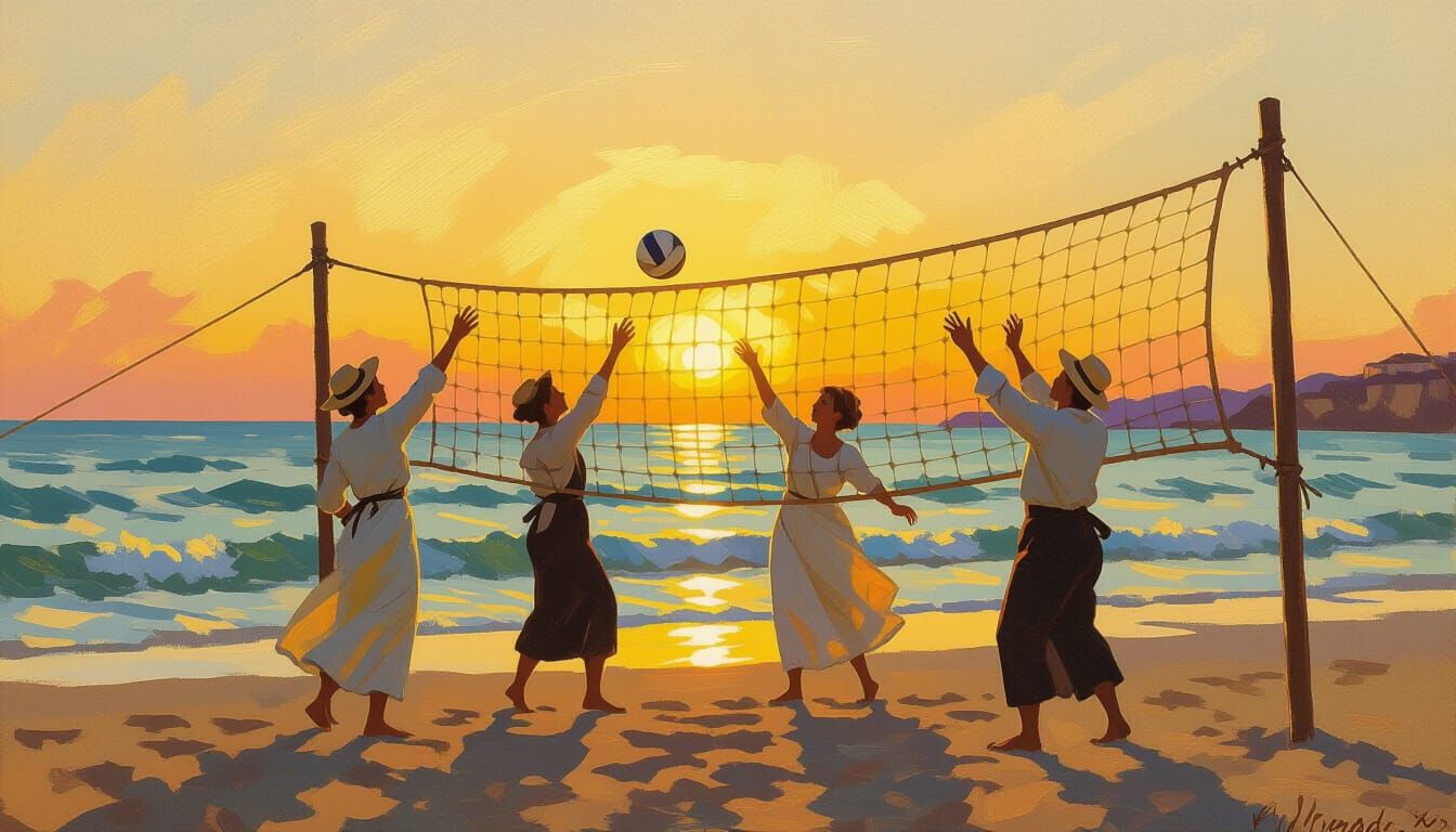 19th Century Beach Volleyball in Impressionist Style