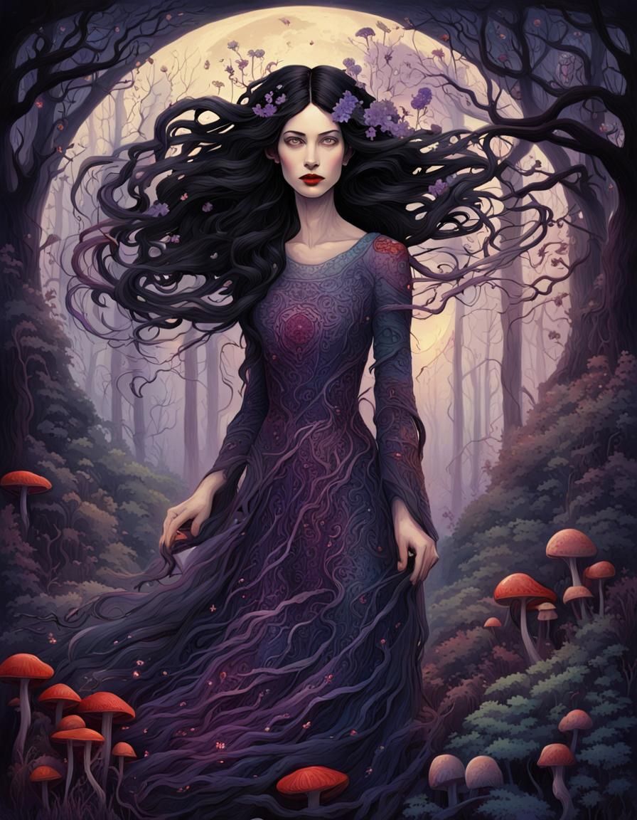 Mystical Forest Woman in Gothic Manga Style