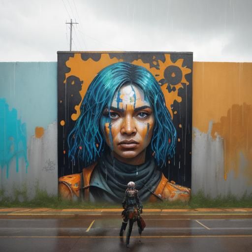 Sunflower Girl in Rainy Urban Artscape