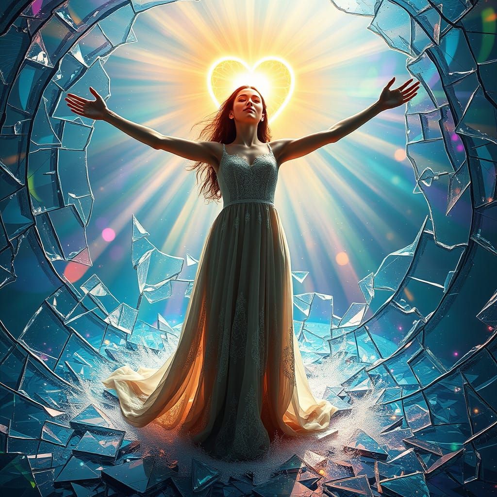 Shattered Glass Heart Levitates in Vibrant Dreamscapes