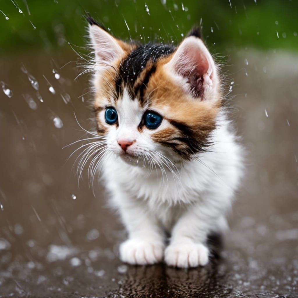 Cute sad kitten in the rain,