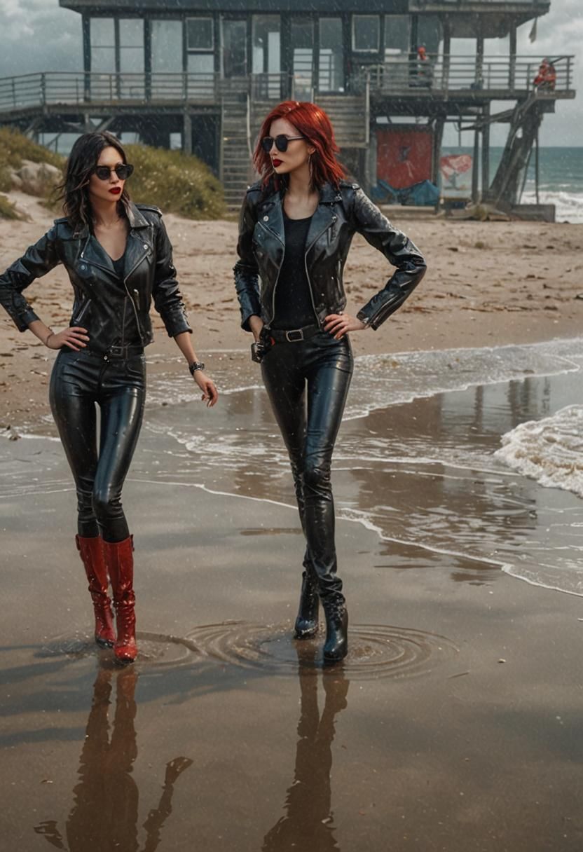 Glamorous Women in Wet Leather on Beach: 8k Unreal Engine