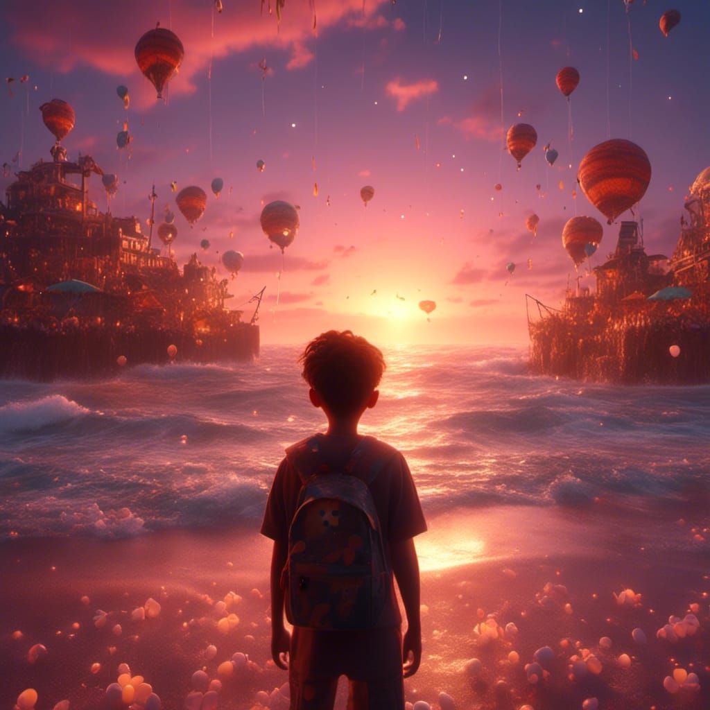 Cute Man on Beach at Sunset, Fantasy Concept Art