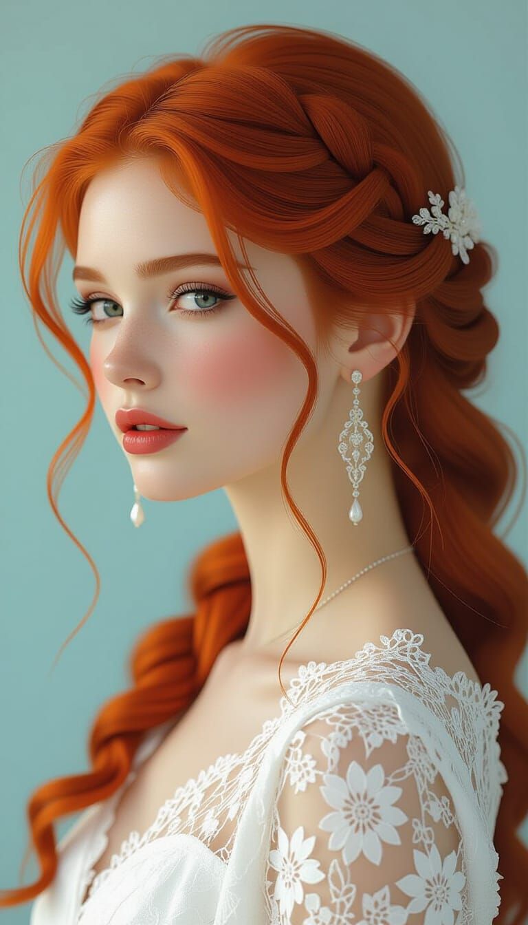 Red-Haired Woman in White Lace Portrait