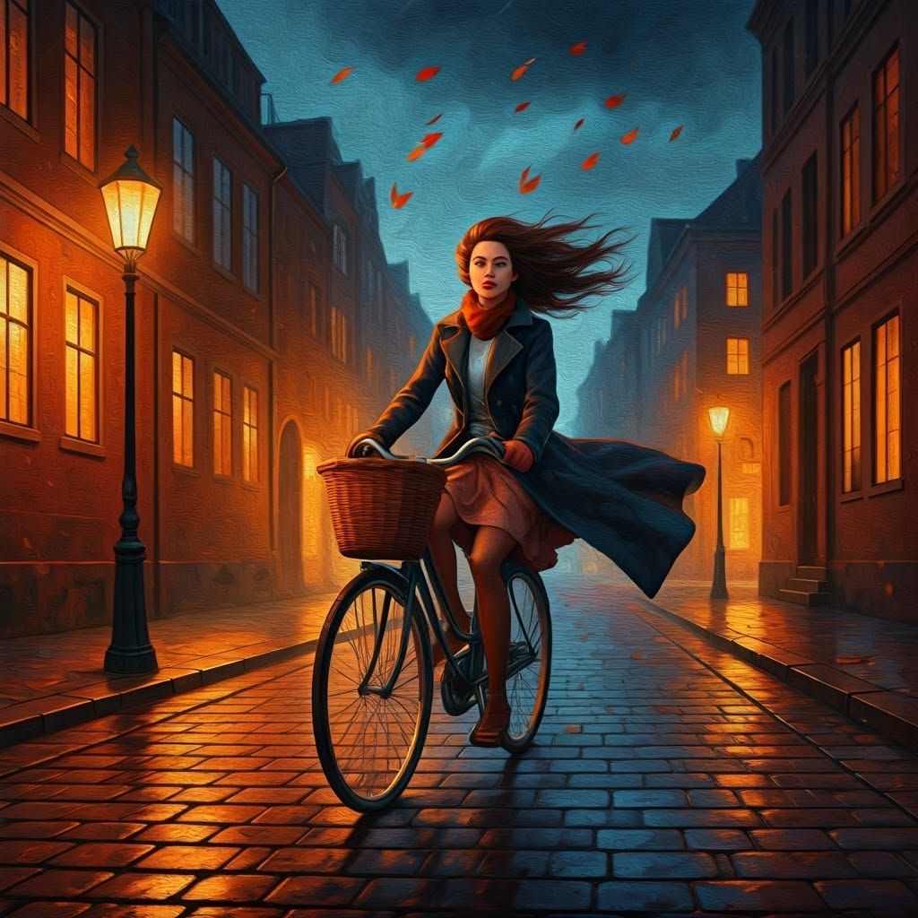 Woman Rides Bicycle Through Autumn Storm in Matte Oil