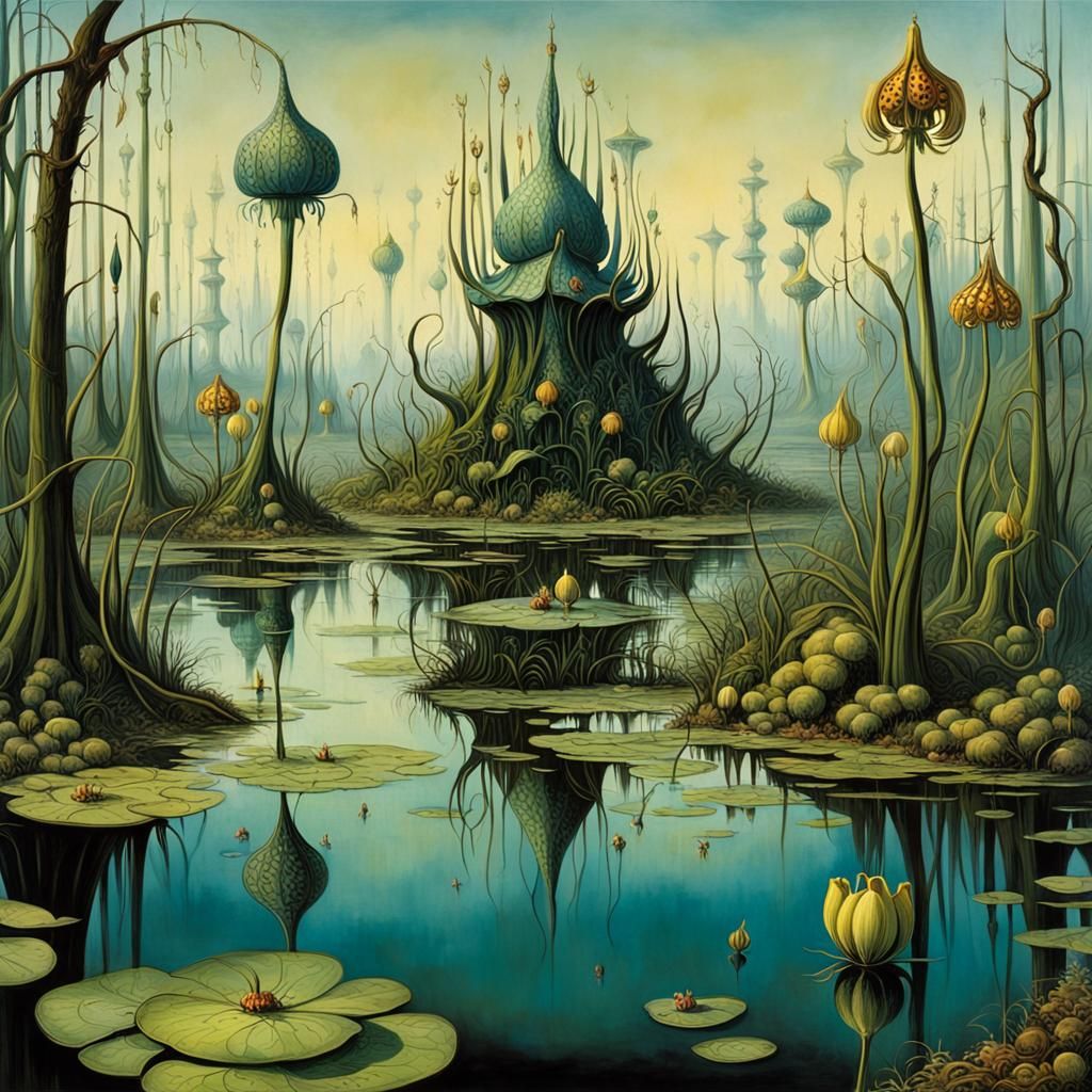 Surreal Swamp Scene with Fritillaria Flowers