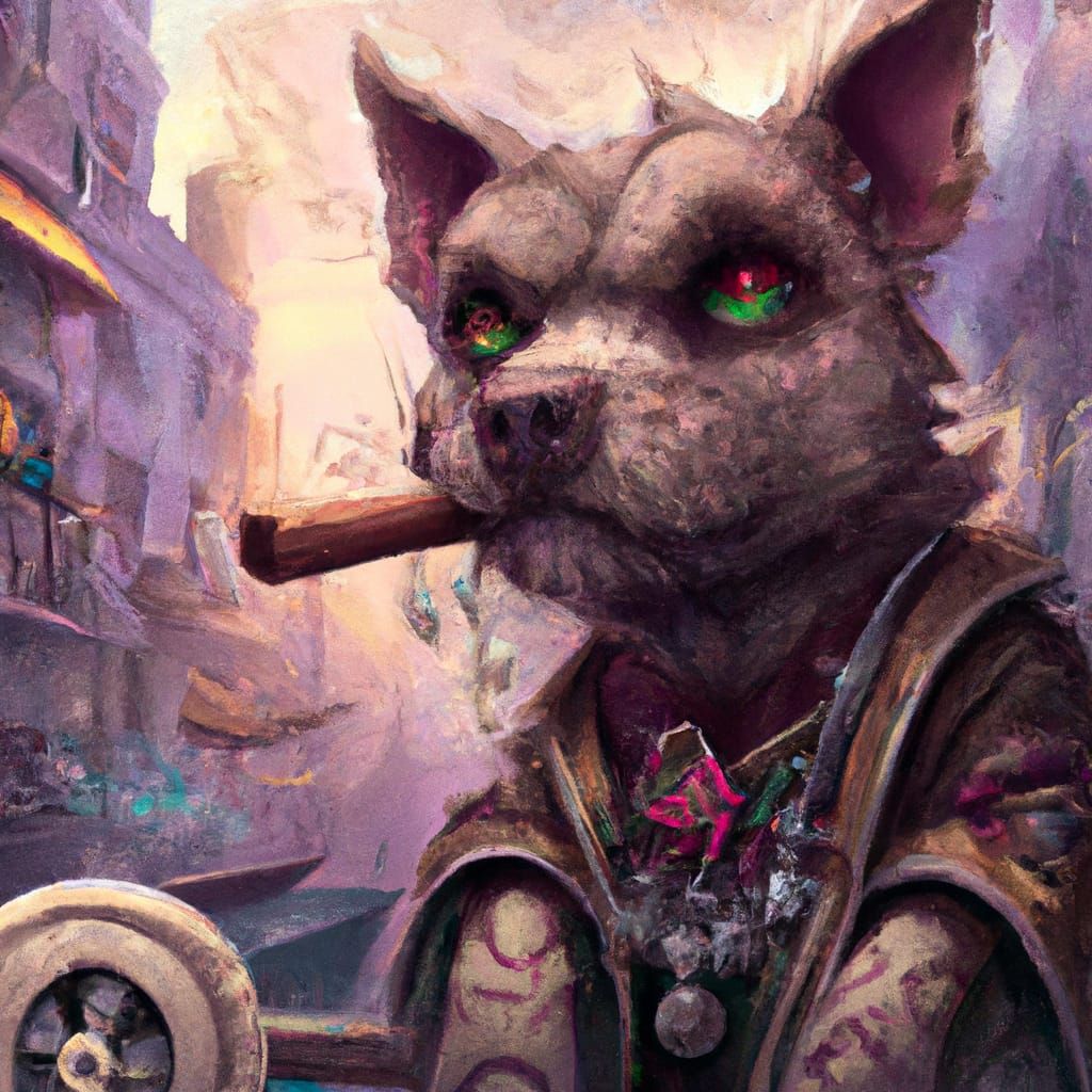 Steampunk Chibi Dog Smoking Cigar in City Alley