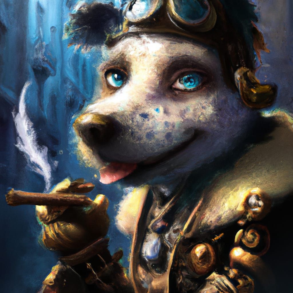 Chibi Steampunk Dog Smoking Cigar, Hyperrealistic Art