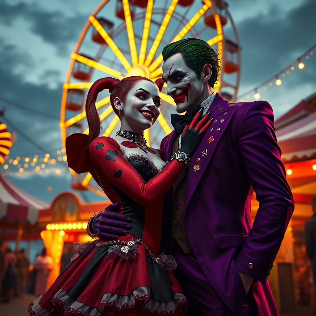 Whimsical Carnival Romance: Harley Quinn and the Joker in Lo...