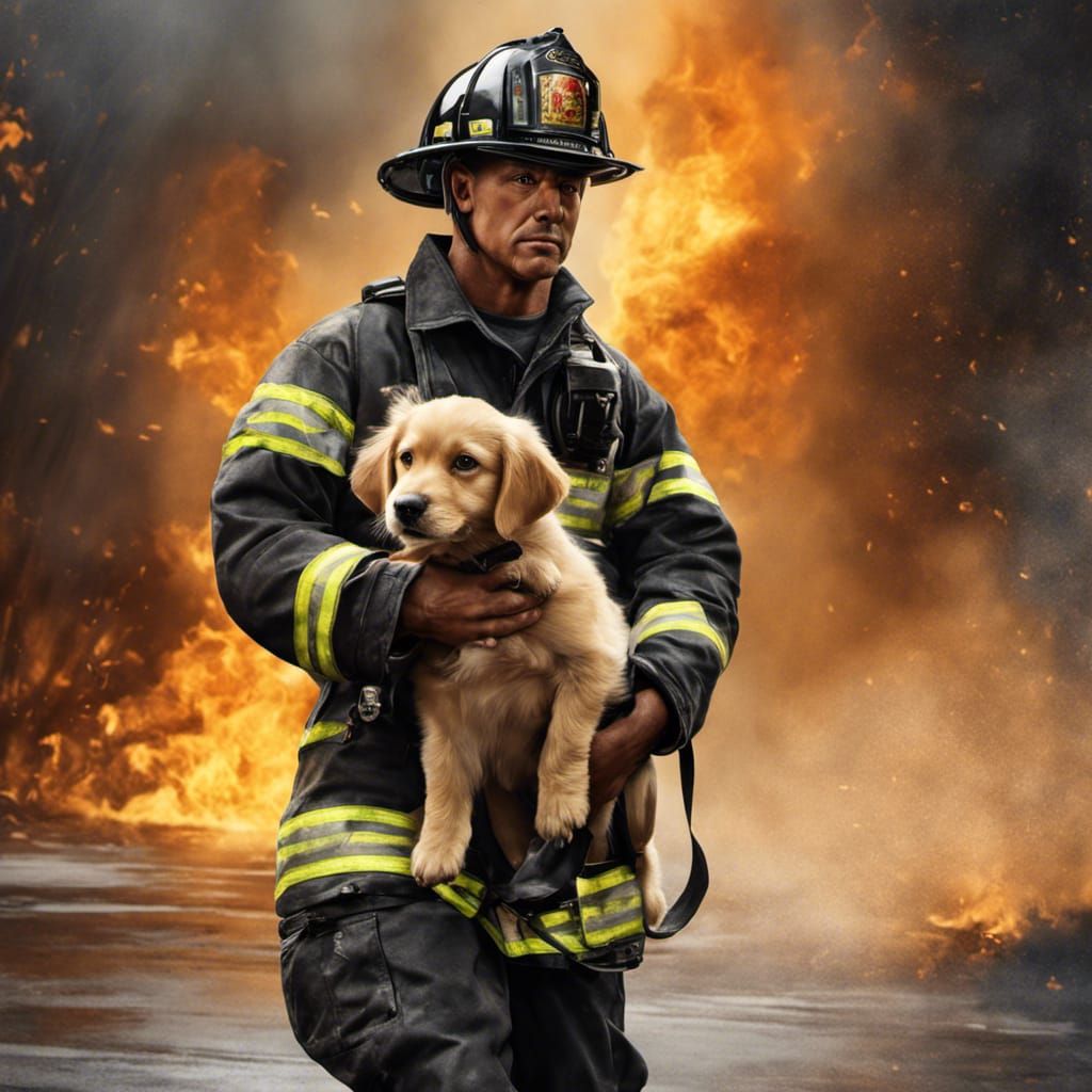 Firefighter Rescues Puppy: Photorealistic Digital Art