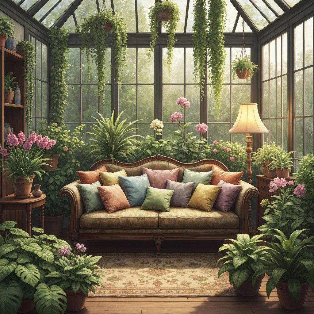 Cosy Lush Conservatory with Plush Sofa and Warm Lighting