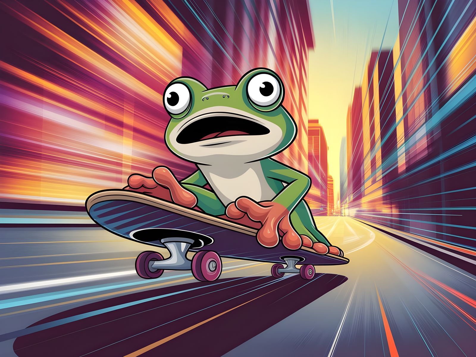Frog on Skateboard Ripping Through City