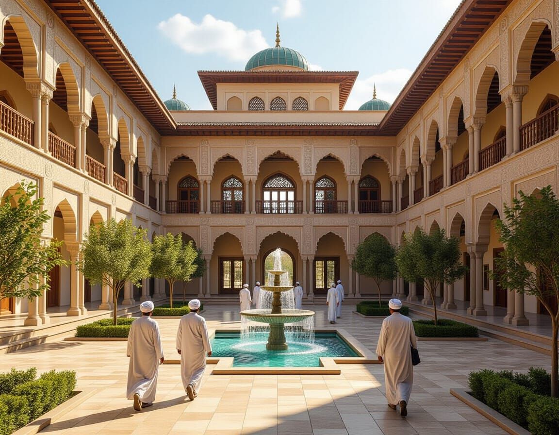 Futuristic Madrasa Courtyard with Holographic Tablets
