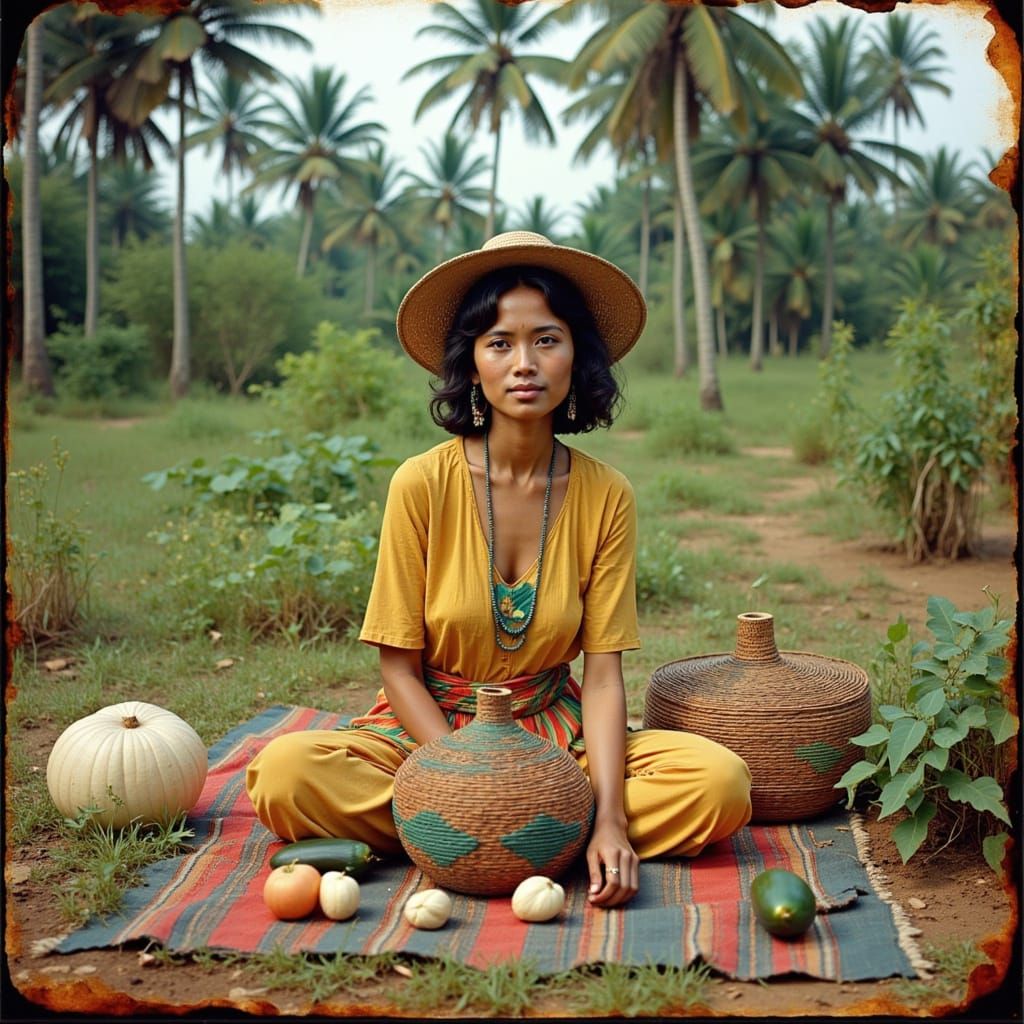 Woman Among Vintage Baskets in Desert Garden