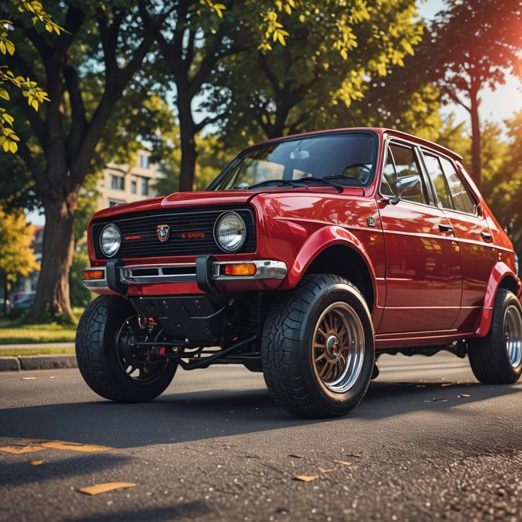 Cherry-Red Zastava Yugo Hotrod on Big Wheels