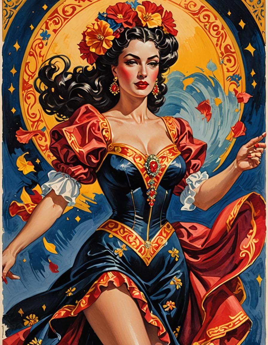 Spanish Dancer Tarot Card in Gouache Style