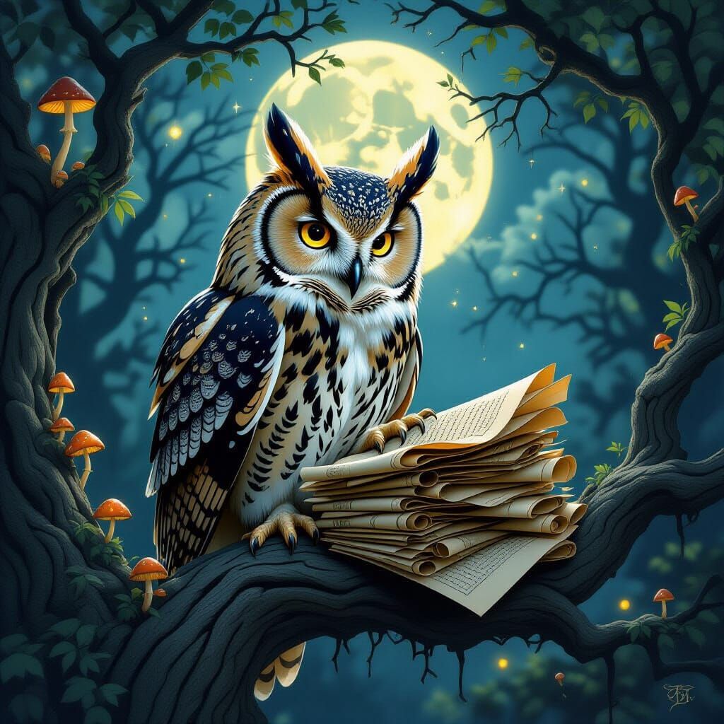 Majestic Owl Sorting Ancient Scrolls in Enchanted Forest