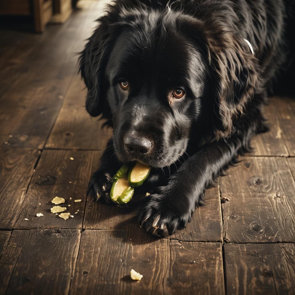 Newfoundland Dog's Pickle Feast: A Cinematic Still