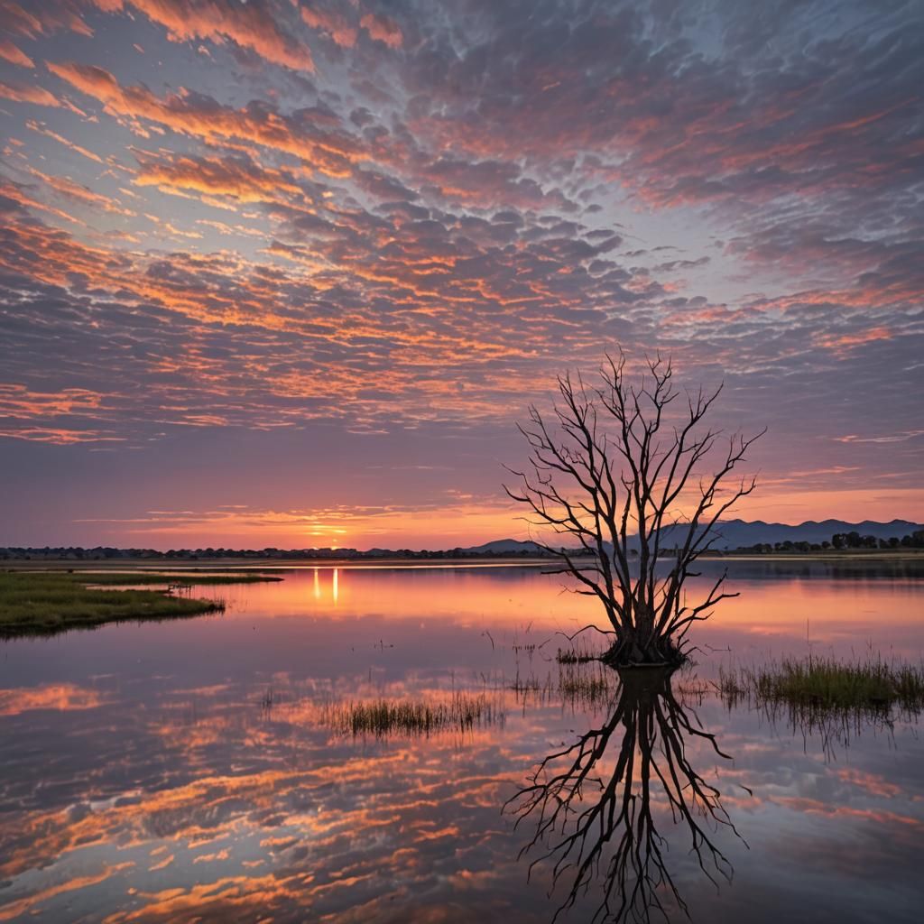 Sunset Reflections on Tranquil Lake: Contemplative Photograp...