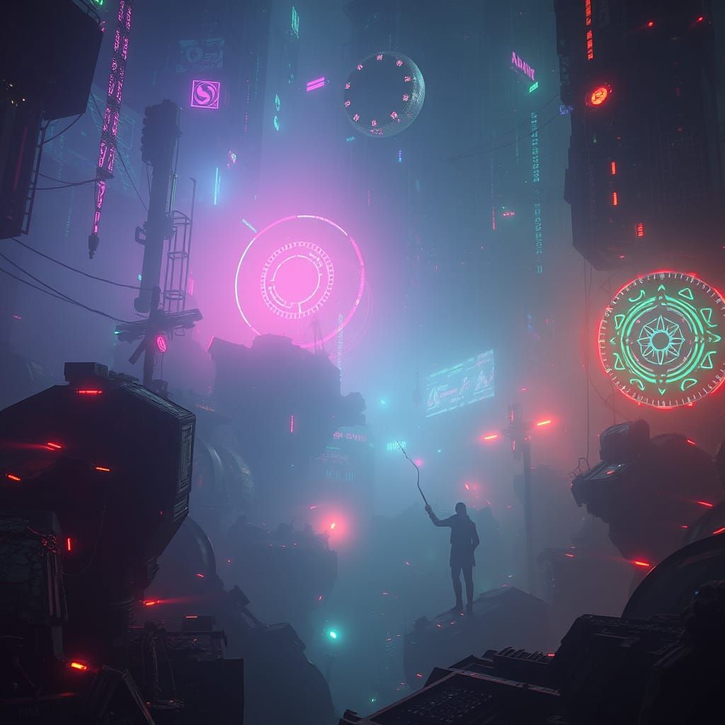 Dreamlike Scene with Vibrant Lights and Intricate Patterns