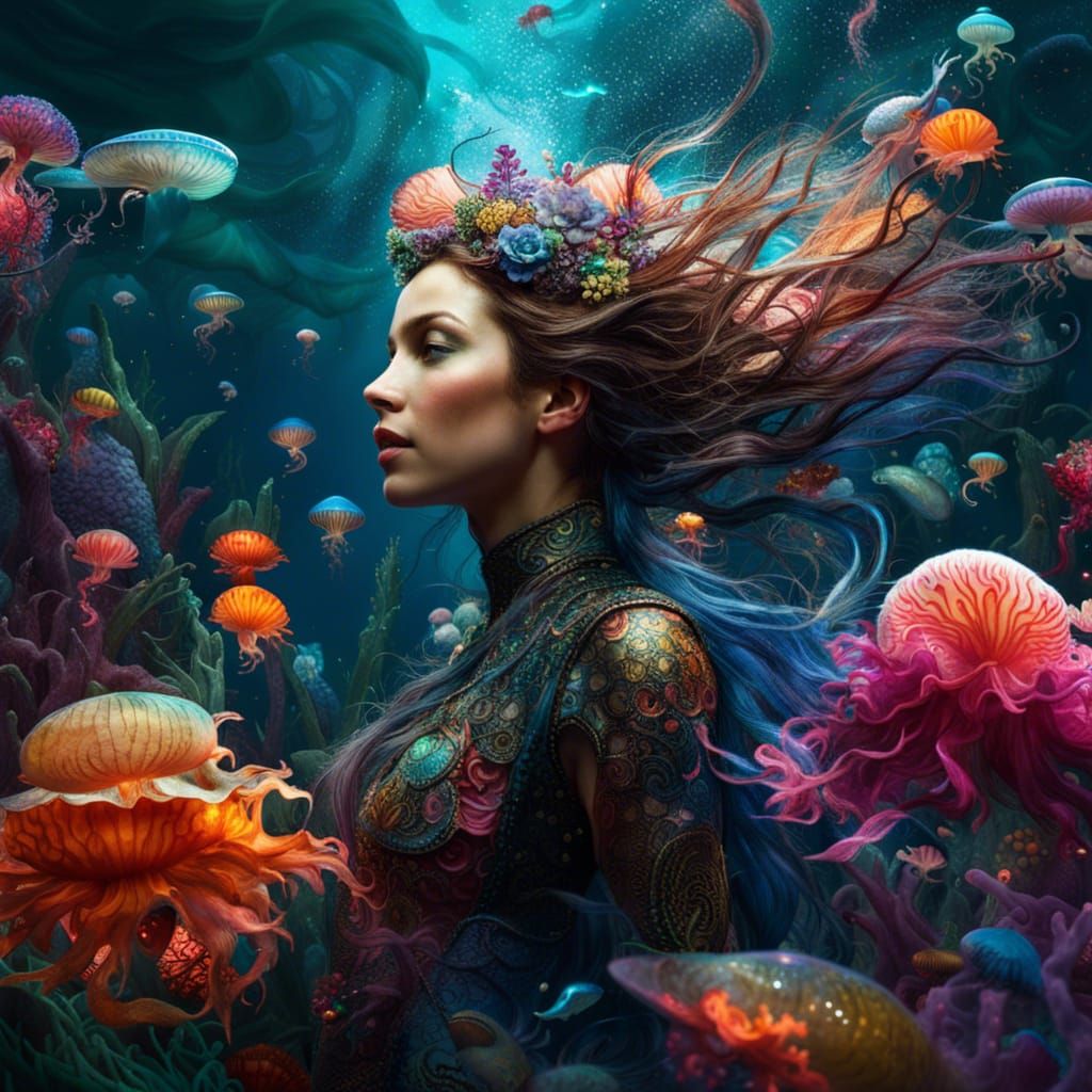 Mermaid Among Jellyfish: Hyperdetailed Fantasy Artwork