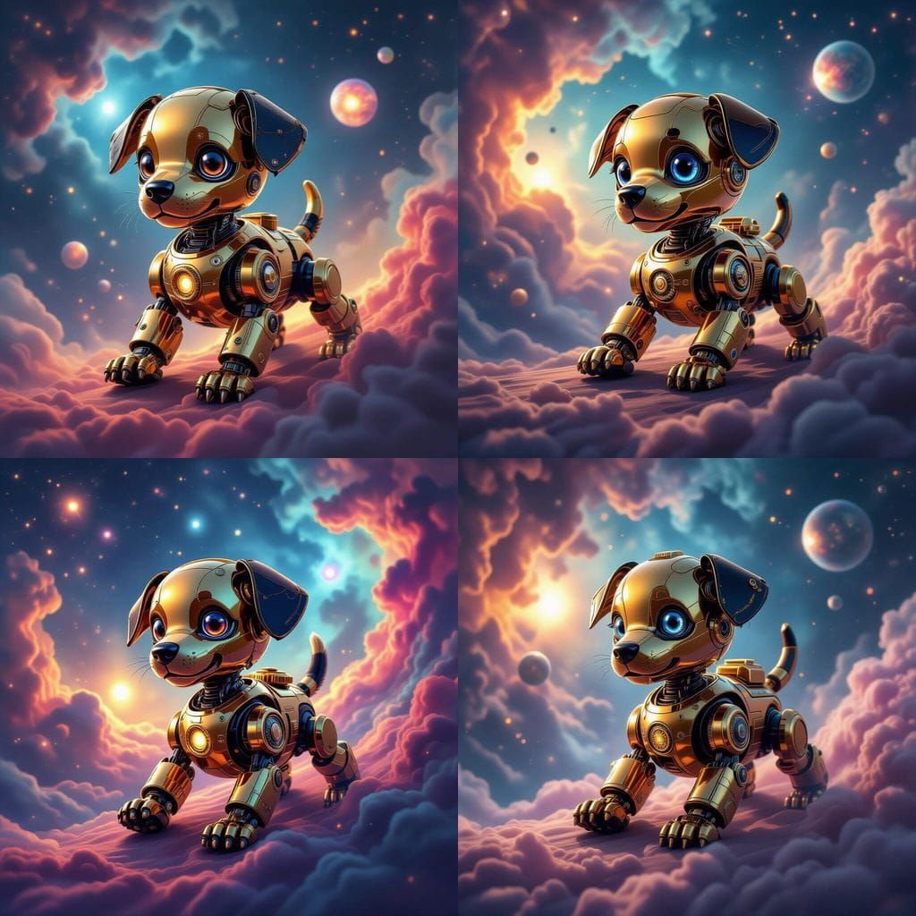 Steampunk Robot Puppy Explores Cosmic Nebula