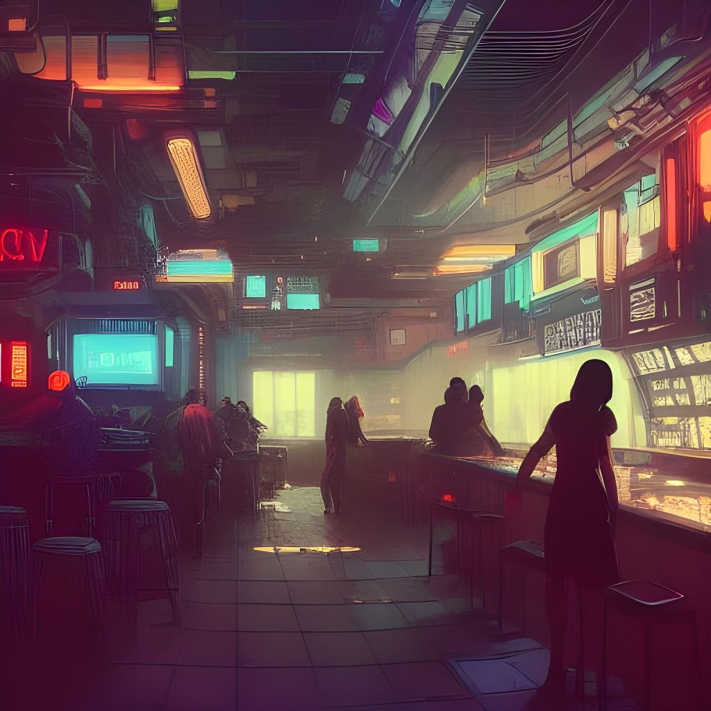 Cyberpunk Bar in Studio Ghibli Style