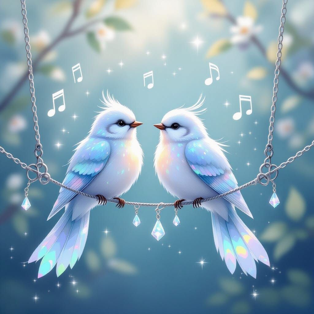 Crystal Birds on Filigree Clothesline: Icy White & Blue Opal