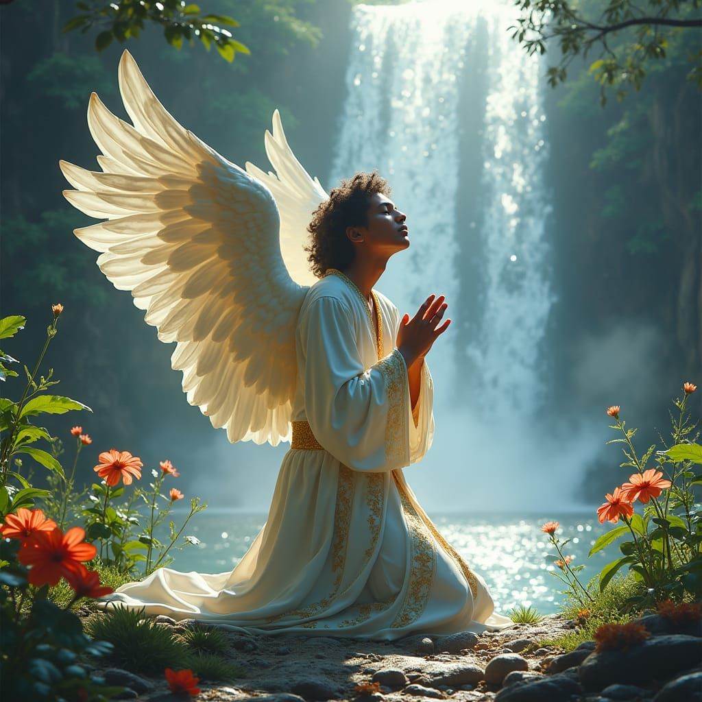 Majestic Angel Praying by Waterfall in 8K