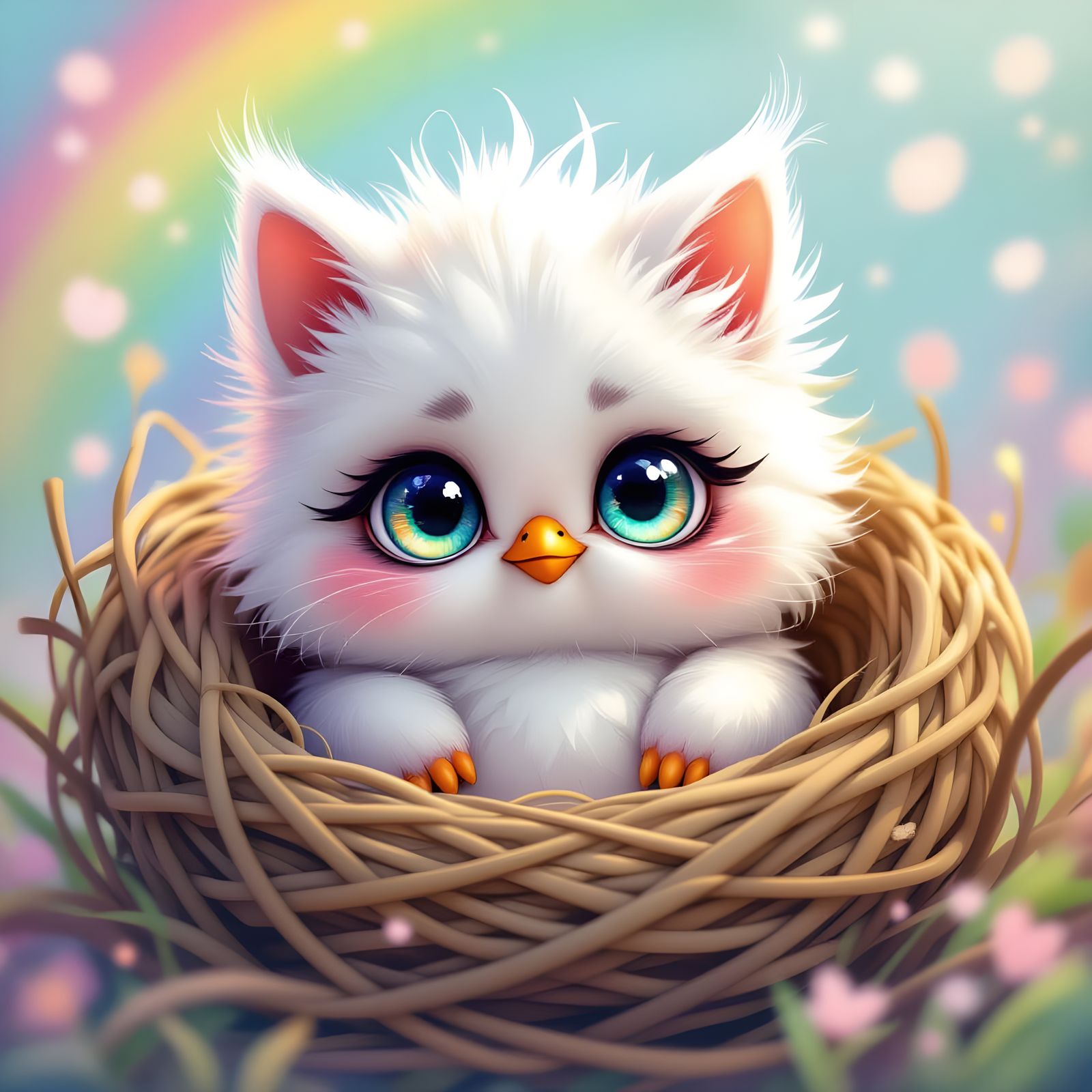 Grumpy Chick in Nest with Rainbow in Watercolor Style