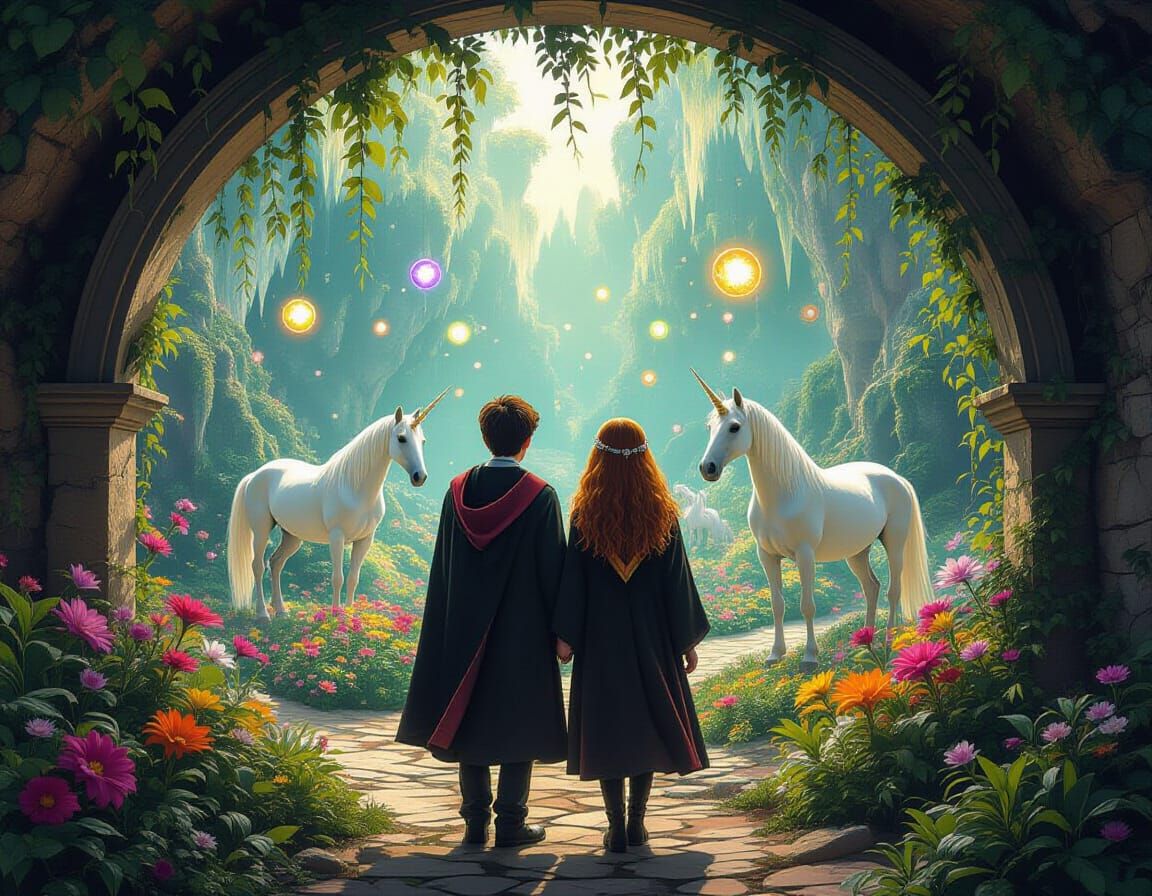 Harry Potter and Ginny in a Grotto with Unicorns