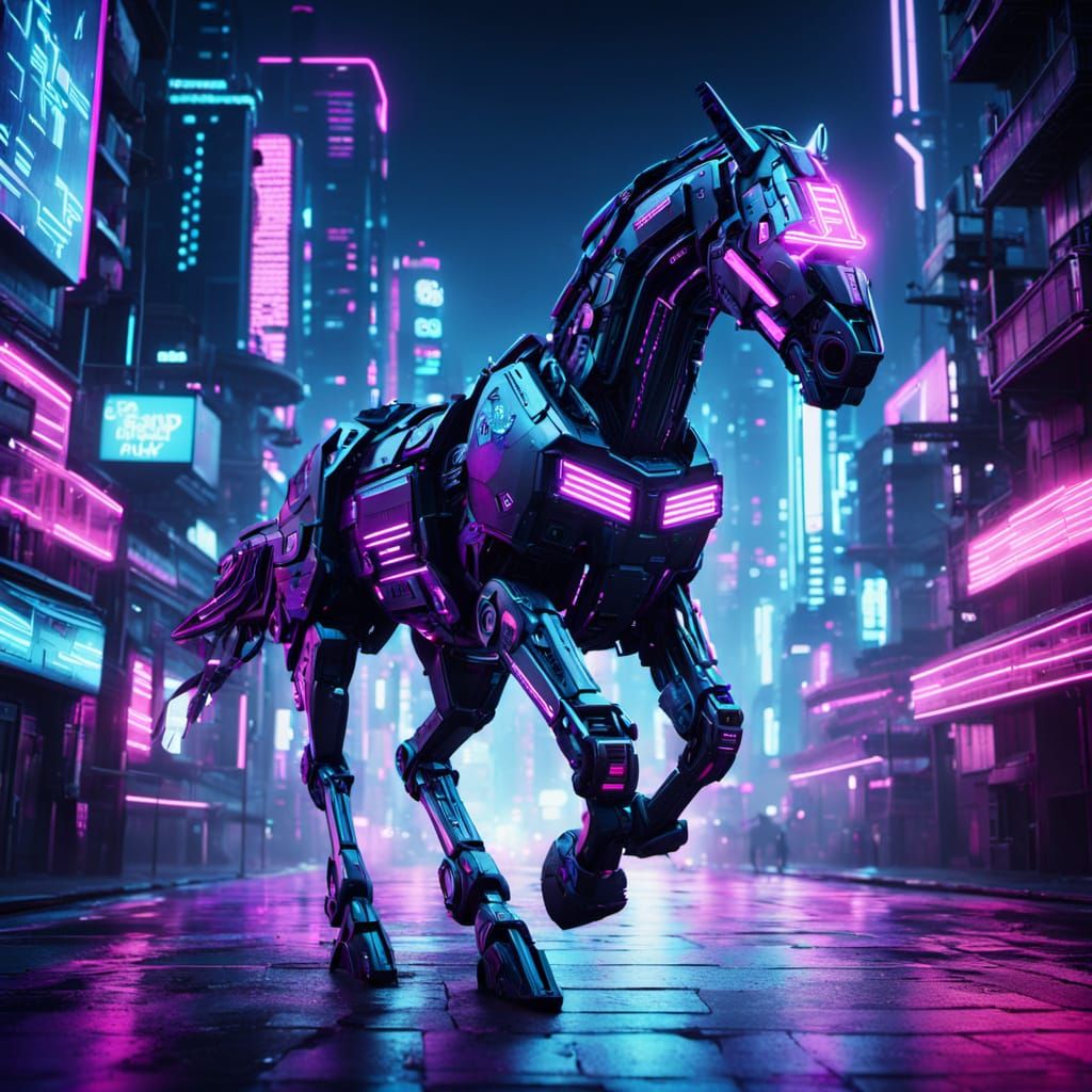 Cyberpunk Stallion Charging Through the City Streets