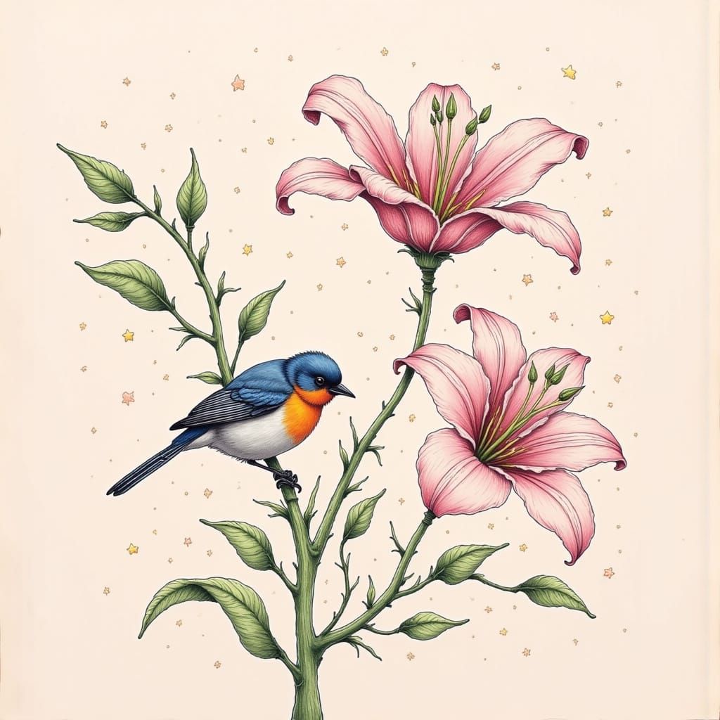 Dreamy Pastel Portrait of a Bird Amidst Oversized Lily Petal...
