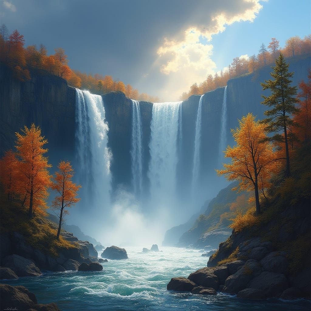 Dramatic Autumn Waterfall with Sunbeams in Hyperrealistic St...