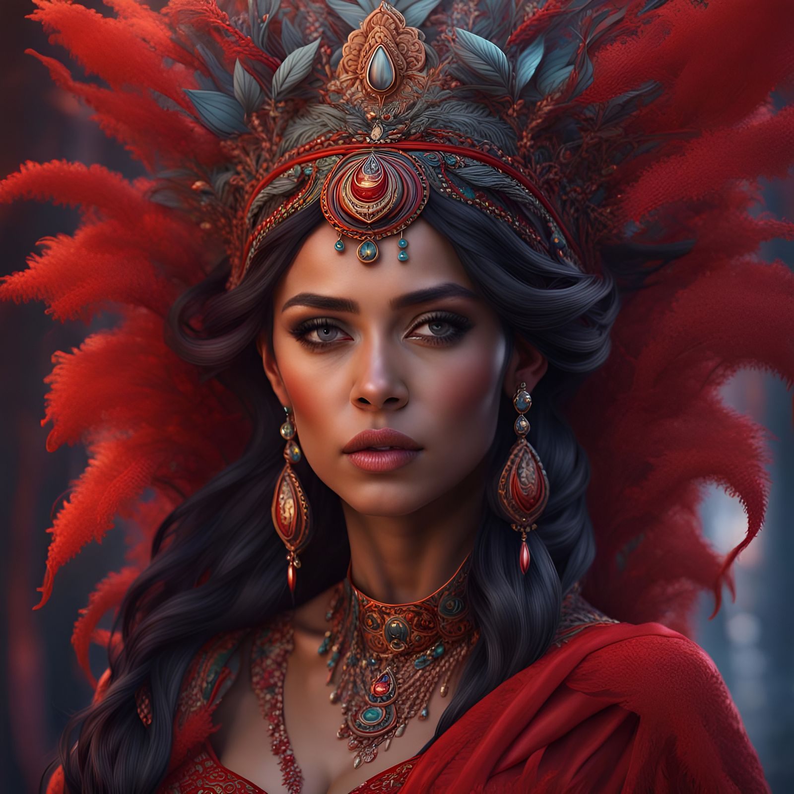 Exotic Woman in Headdress and Flowing Gown