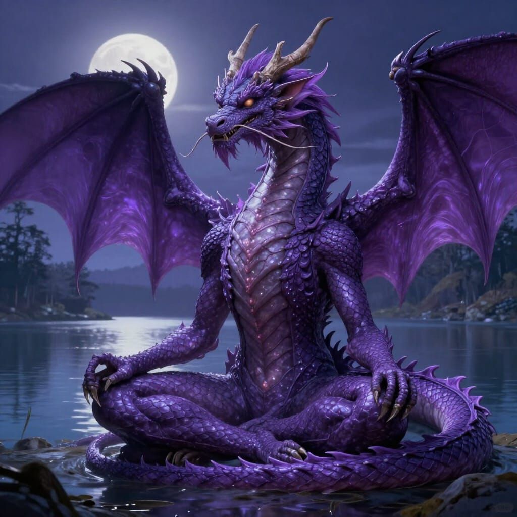 Ancient Purple Dragon Meditating by Moonlit Lake