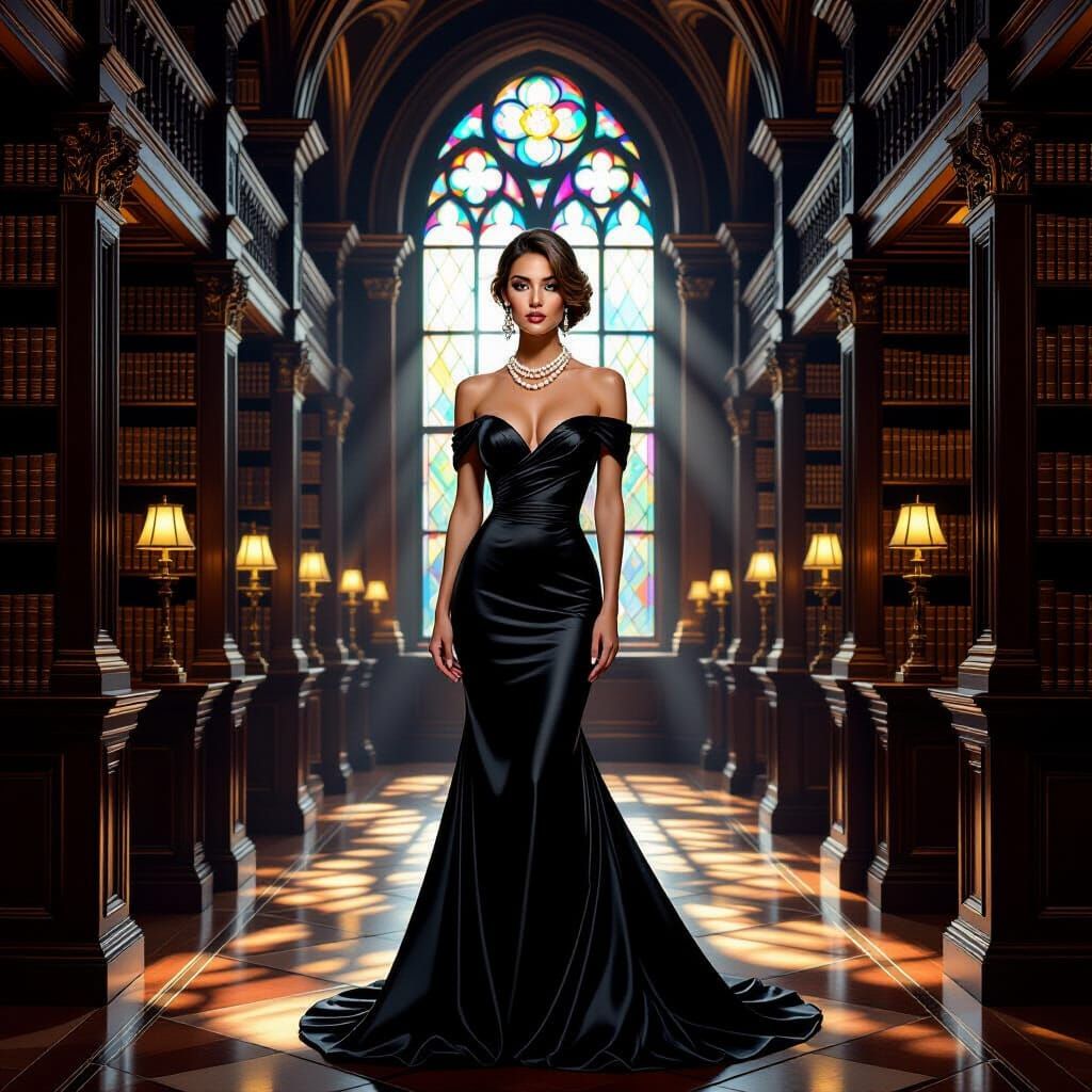 Elegant Woman in Black Gown and Pearls in Ornate Library