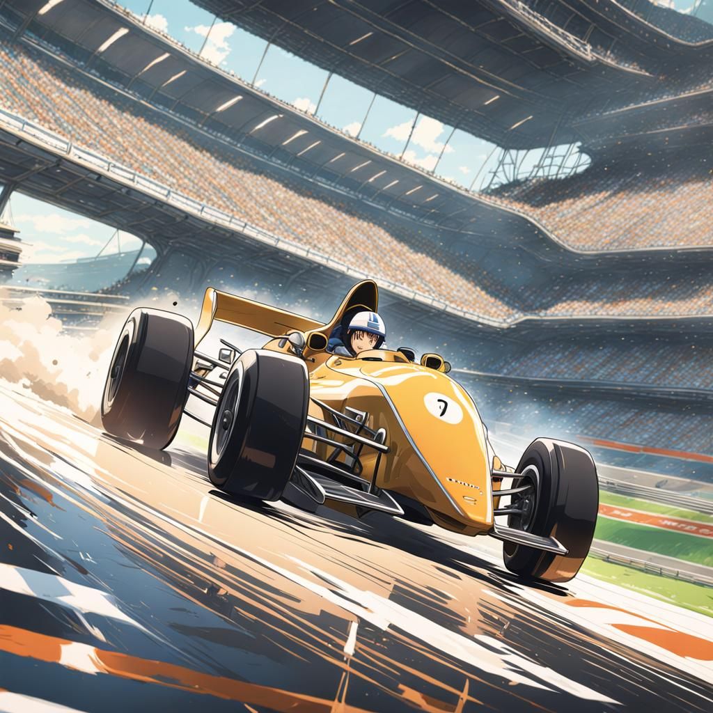 Anime Boy Driving F1 Car in Ghibli Style