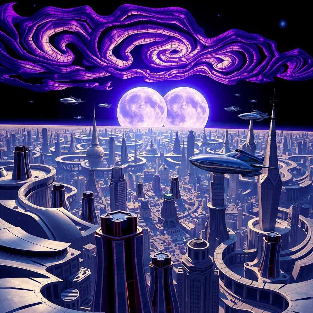 Surreal Alien Cityscape with Swirling Planes