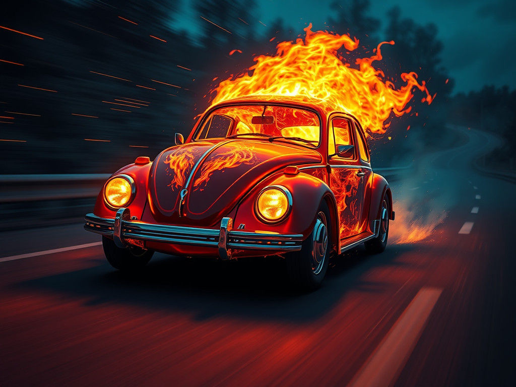 Fiery Volkswagen Beetle on a Night Highway