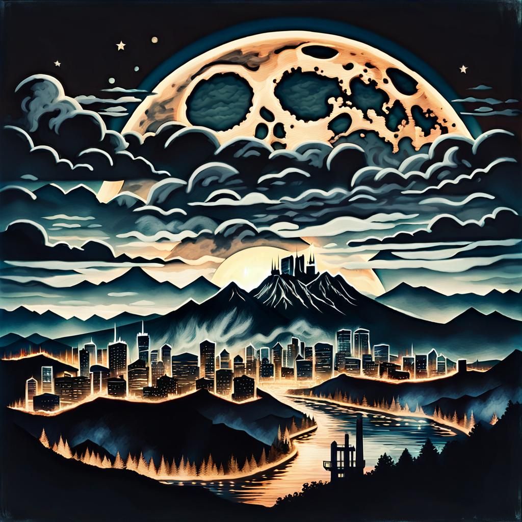 Dramatic Moonrise Over Burning City: Cinematic Double Exposu...