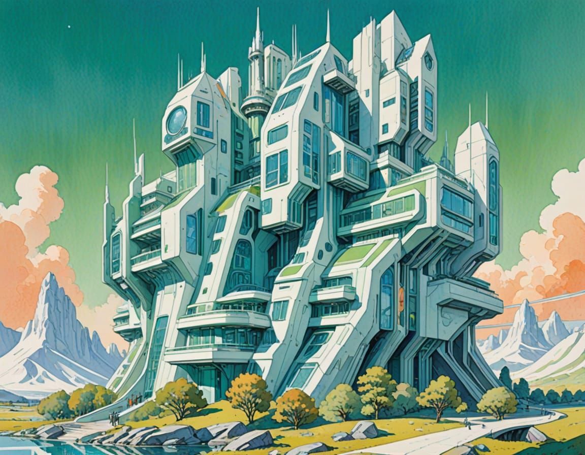 Futuristic Scandinavian Architecture in Gouache and Watercol...