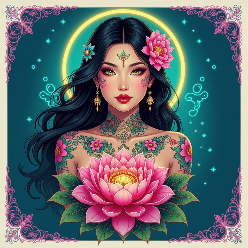 Tattooed Goddess in Neon Flowerpunk Masterpiece