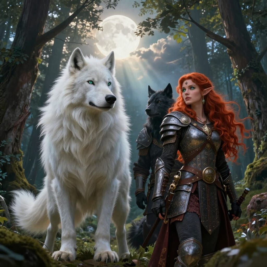Fantasy Art: Werewolves, Elf Warrior Under Full Moon