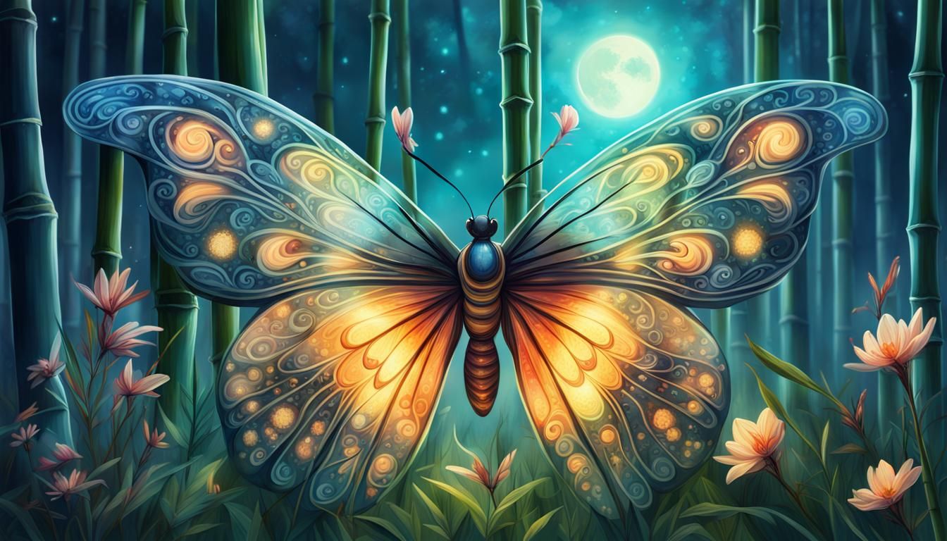 Fantasy Butterfly in Moonlit Bamboo Forest