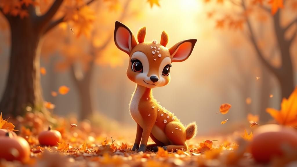 Autumnal 3D Avatar with Fawn in Forest Scene