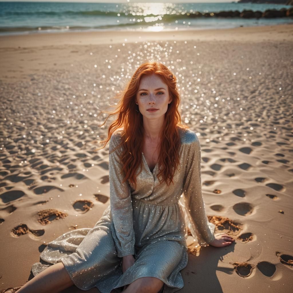 Beautiful Redhead on Picturesque Beach with Lens Flare