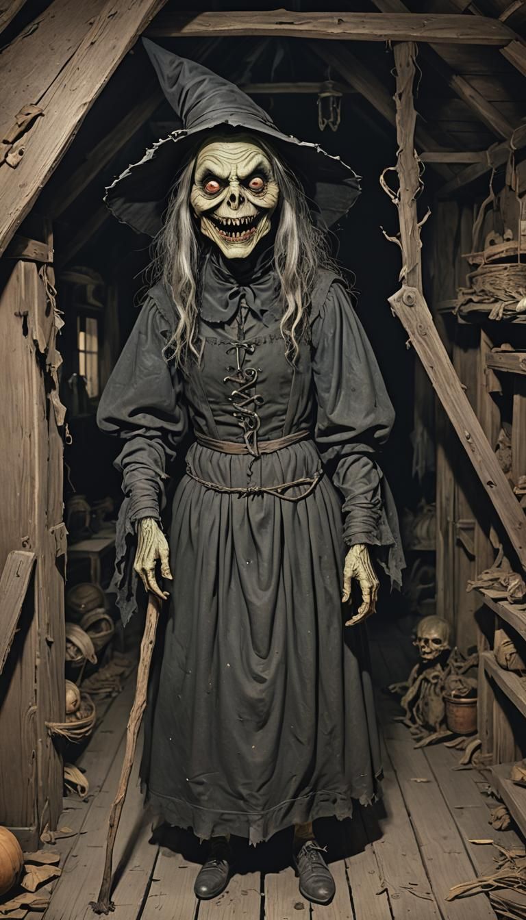 Inside the attic a terrible ugly scary witch is standing with an eerie grin